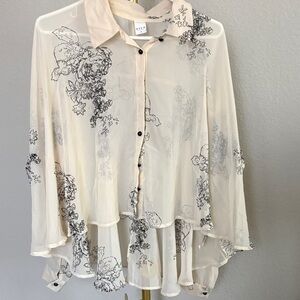 VILA Cream Sheer Button-Down Blouse with Black Floral Print,